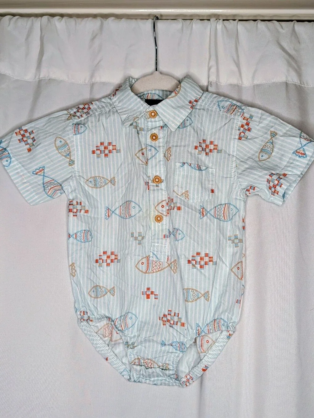picapino Baby Boy Fish Print Light Blue Striped Bodysuit Romper 6/9M 6-9 Months